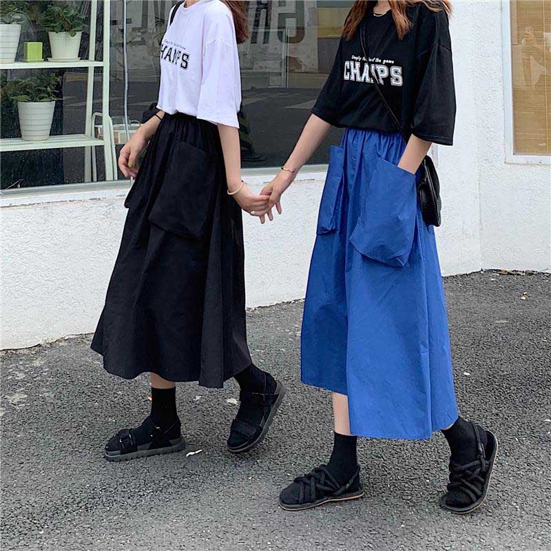 

2020 Harajuku Summer Long Skirts Womens High Waist Big Pockets Cargo Skirt harajuku Plus Size Blue Black Skirt faldas ju