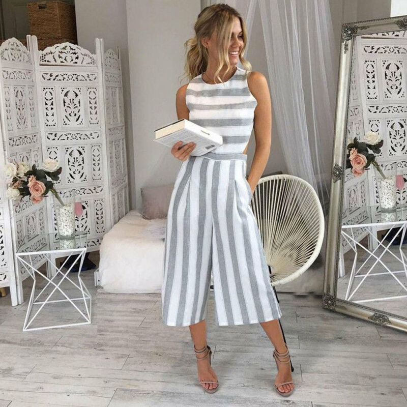 

Summer Fashion Casual Women Jumpsuits Striped Slim Sleeveless O-Neck Backless Wide Leg Pants Jumpsuits, Gray