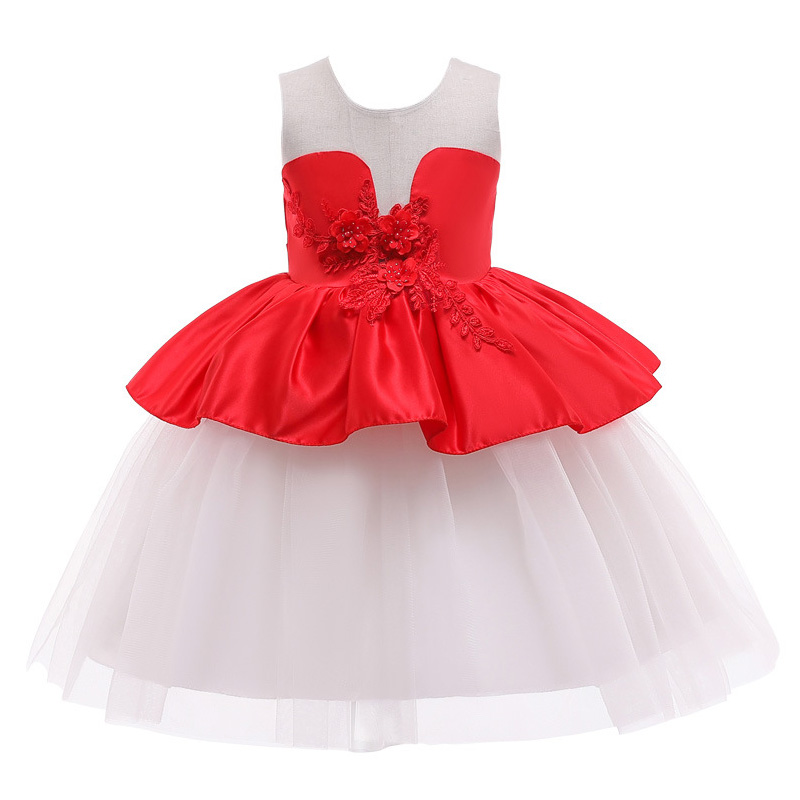 

2020 new girls dress girls mesh dress lace stitching flower tutu girl festival party performance clothes clothes, Red