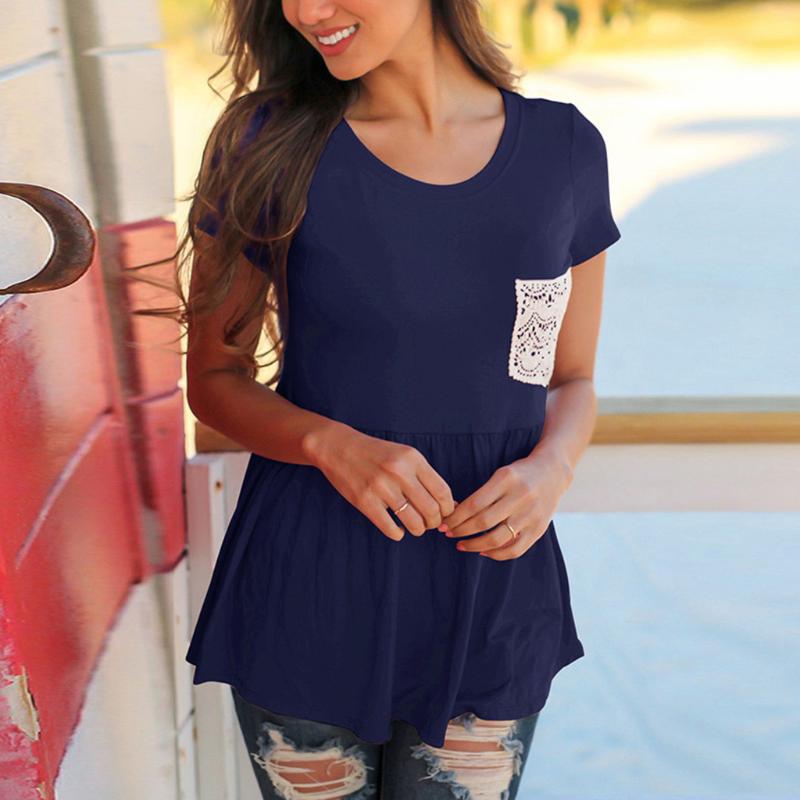 

Ruffled Stitching T-shirt Women Fashion Summer Short-sleeved Lace Pocket Stitching Loose Tshirt Plus Size Gym Fitness Tee Top, Navy blue