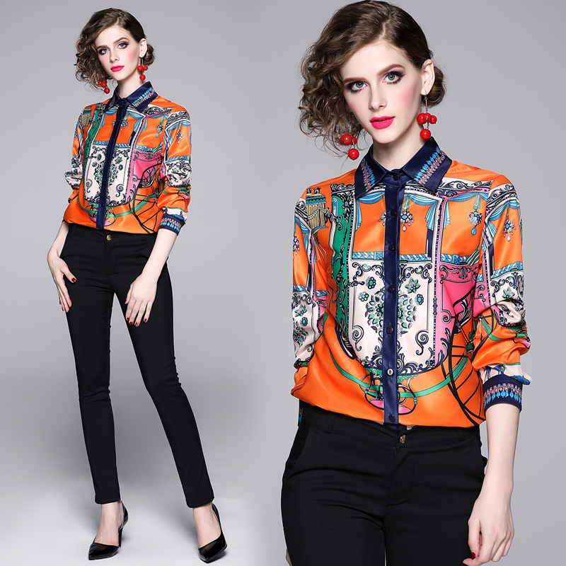 

New Design 2019 Fall Runway Luxury Vintage Printed Collar Womens Ladies Casual OL Office Button Front Up Dow Long Sleeve Blouses Shirts Tops, Customize