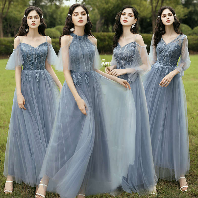 

Designer Dusty Blue Long Bridesmaid Dresses Custom made Cheap Applique Lace Tulle Maid of Honor Gowns 2020 Formal Dresses Party Gown