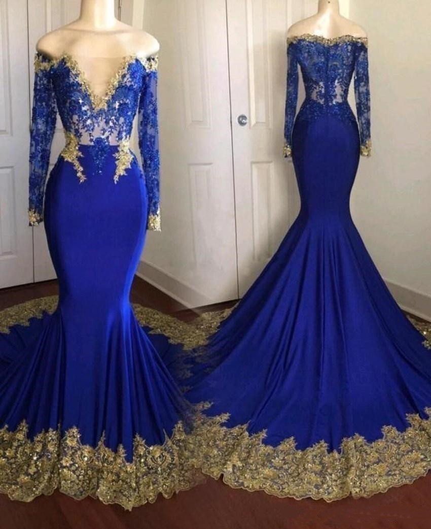 2020 Royal Blue Mermaid Evening Dresses Gold Applique Lace Long Sleeves See Through Formal Prom Dress Arabic Dubai Evening Party Gowns