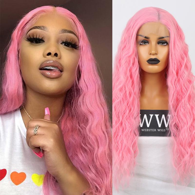 

FANXITON Pink Color Natural Wave Wig Synthetic Glueless Lace Front Heat Resistant Fiber Hair Party Cosplay Wigs For Women