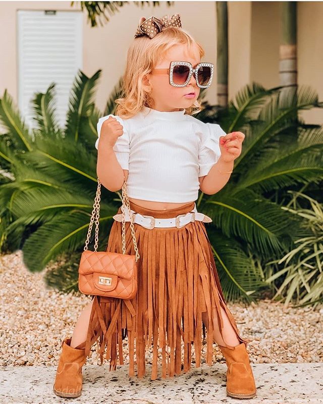 

New Toddler Girls Summer Clothes Sets Short Puff Short Sleeve White Tops Tassel Straight Skirts 6M-5Y, Chocolate
