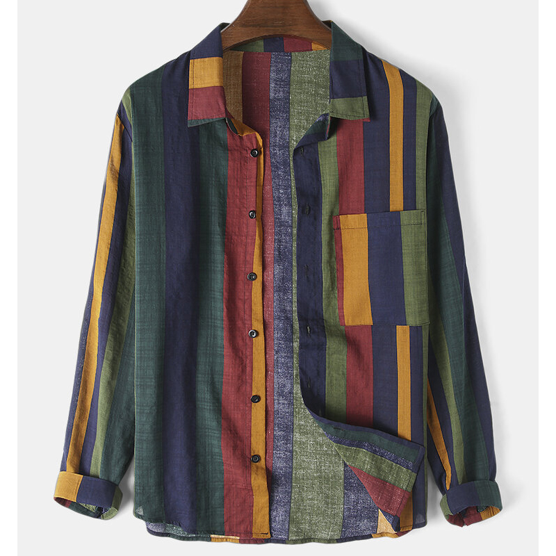

2020 Mens Popular Striped Breathable Blouse Regular-Fit Long-Sleeve Linen Shirt Button-up Folded Collar Chest Pockets Casual Top, As pic