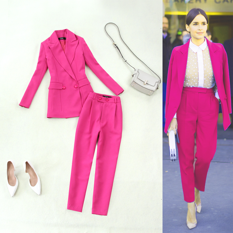 

women' Work Pant Suits 2 Piece Sets solid color casual blazer Jacket Wide leg pants two-piece female temperament Pant suits, Fuchsia