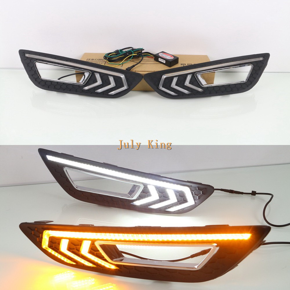 

July King LED Daytime Running Lights Case for Ford Focus IV 2015-2018, LED Front Bumper DRL With Yellow Turn Signals Light, White