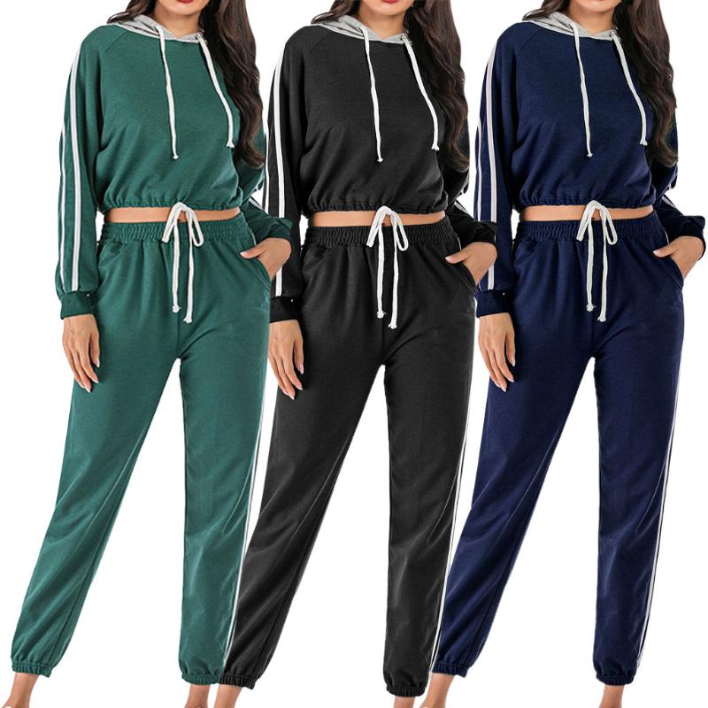 

women stripe long sleeve running sets Hooded Tracksuit For Women 2020 Autumn Sweatershirt Sport Suit 2 Piece set Outfits#g2, Black
