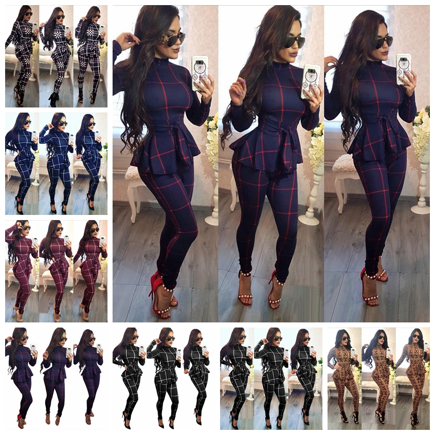 

European spring jumpsuit summer high-neck long-sleeved Slim ruffled plaid with belt support mixed batch