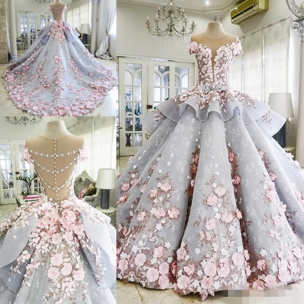 

2019 3D Floral Applique Quinceanera Dresses Luxury Sweep Train Illusion Sexy Back Organza Ruffles Tiered Prom Ball Gown Sweet 15 16 Party, Purple
