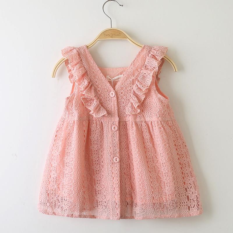 

Retail 2019 Girls Lace Lotus Leaf Princess Dress Baby Kids boutique Cosplay Summer V-neck Button Birthday Dresses baby girl designer clothes, Pink