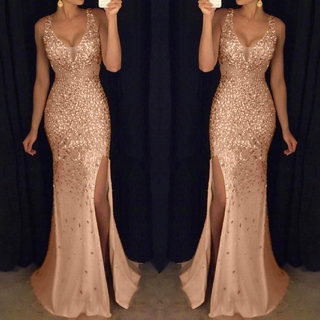 

party night dress Women Sequin Prom Sexy Gold dresses Bridesmaid V Neck Long elegant summer Dress robe femme 2019, Black
