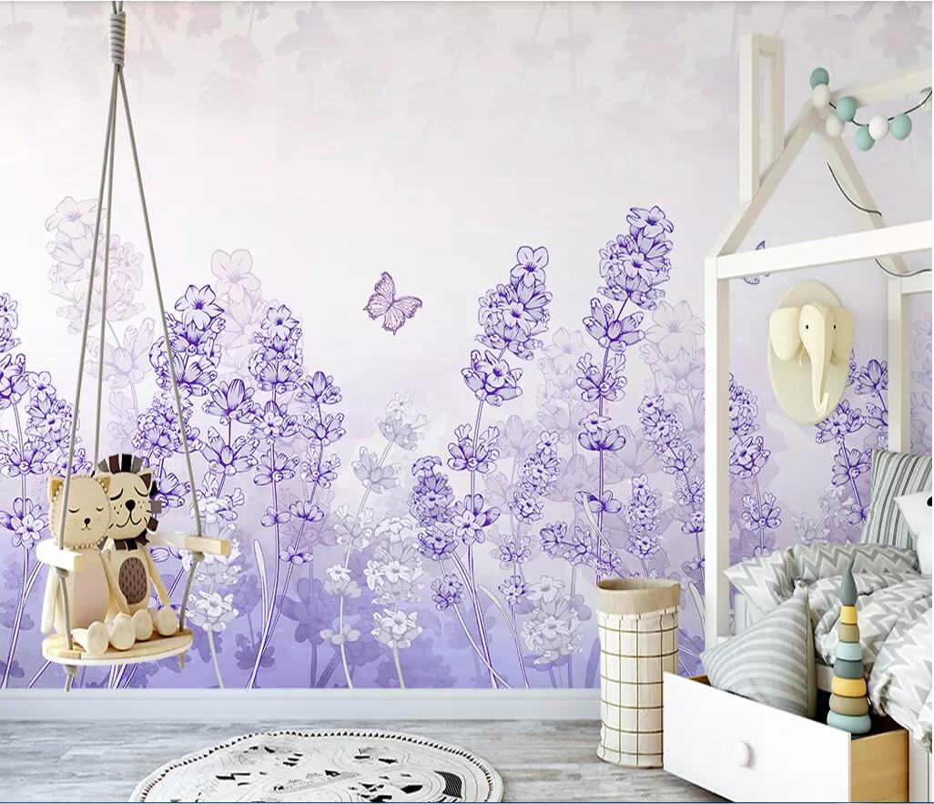 

3d room wallpaper cloth custom photo Hand drawn Nordic purple lavender dandelion sofa TV background wall wallpaper for walls 3 d, Picture shows