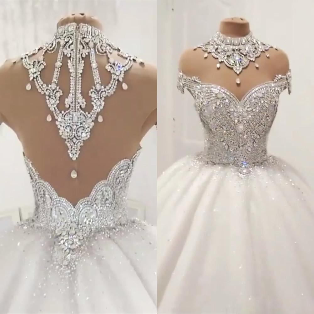 

White Sexy Ball Gown Wedding Dresses High Neck Sleeveless Tulle Lace Crystal Wedding Gowns Sweep Train robe de mariée, Red