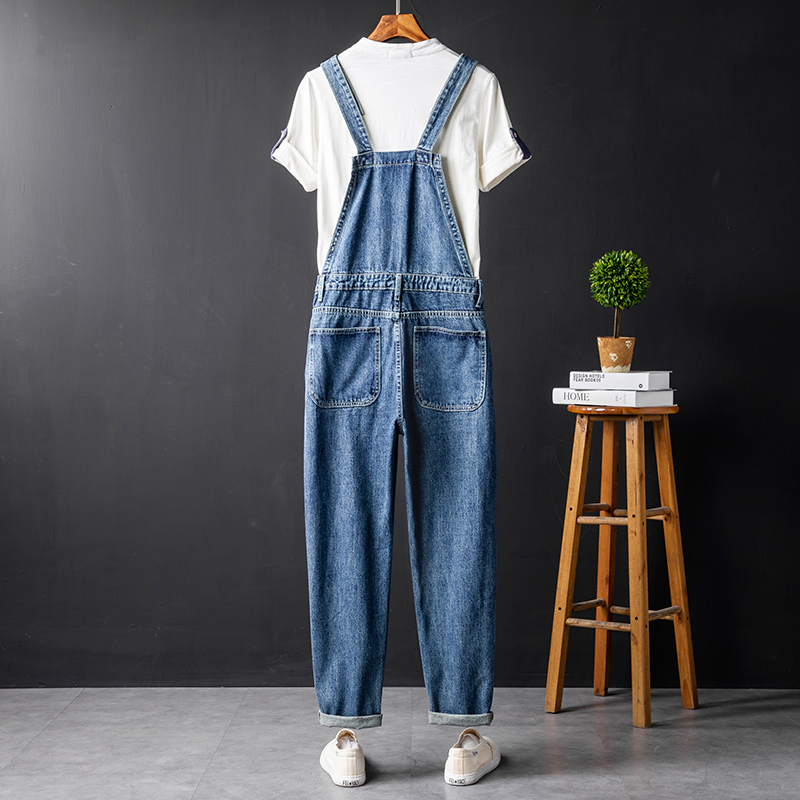 

Japanese Retro Denim Overalls Male Straight Loose Overalls Suspenders trousers Korean jeans, Blue