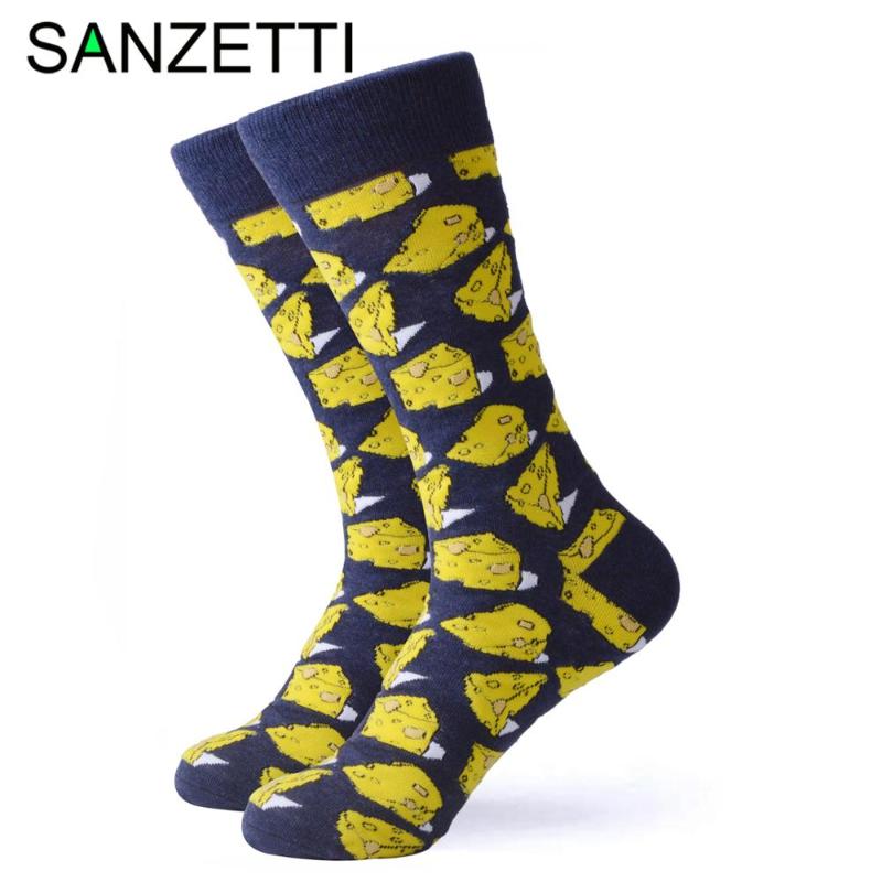 

SANZETTI 1 Pair Happy Socks High Quality Men's Colorful Combed Cotton Breakfast Fries Cheese Bacon Fun Gift Wedding Dress Socks, 15808