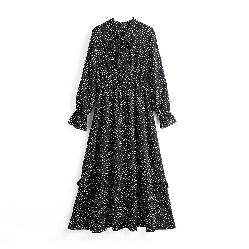

Vintage Elegant Bow Tie Collar Print Dress Women Long Sleeve Ruffle Midi Dress Elastic Waist Chic Casual Black Dresses 2019