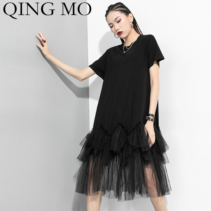 

QING MO Black White Grey Women Summer Dress 2020 Women Mesh Patchwork Dress Female Casual Solid Tide ZQY3603