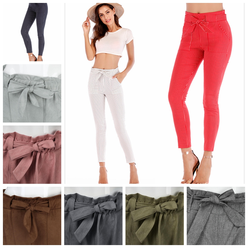 Europe and the United States spring and summer fashion Slim striped nine pants belt pants, support mixed batch