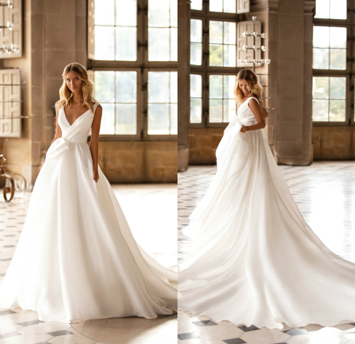 

Milla Nova 2021 Wedding Dresses V Neck Sleeveless Lace Beach Bridal Gowns Custom Made Backless Sweep Train A-Line Wedding Dress, Silver