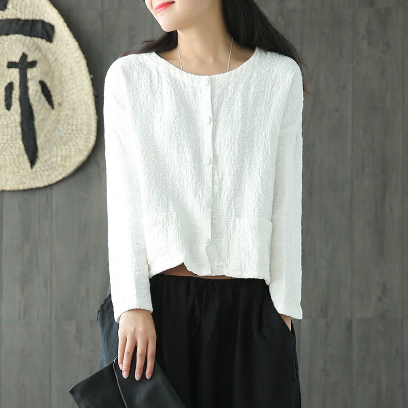 

Cotton And Linen Women's Clothing Autumn Solid Color Jacquard Hidden Button Small Cardigan Art Pocket Thin Short Coat Female, Red