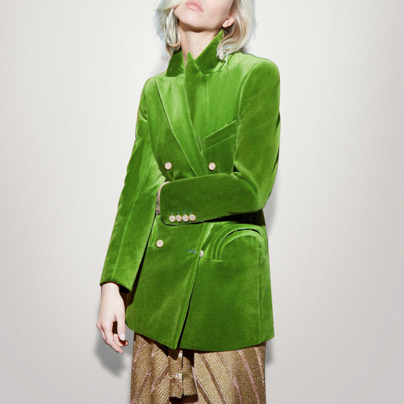 

2020 Spring Autumn New Women Long Sleeve Loose Elegant Blazer Jacket Female Double-Breasted Pocket Green Velvet Suit Coat