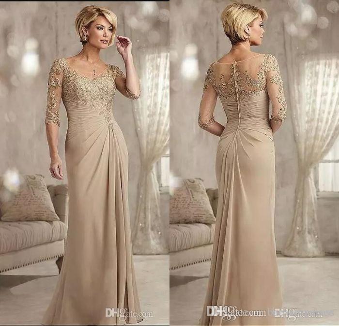 

Champagne Mother Of The Bride Dresses Long 2019 Scoop Neck Chiffon Wedding Guest Mother's Dresses Half Sleeves Formal Evening Gowns