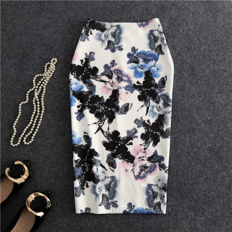 

2019 New-Coming Women Autumn Chinese Style Ink Floral Printed Pencil Skirt High Stretch Midi Slim Skirt Female, White