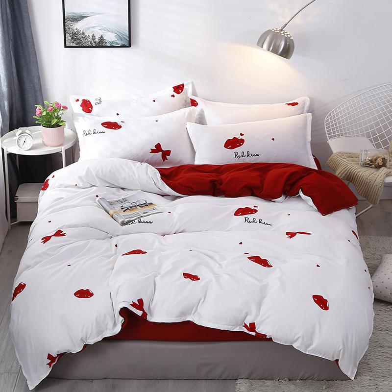 

60Double side White Red Kiss 3/4pcs Bedding Set Adult Kids Teen Linen Duvet Cover Pillowcase Flat Bed Sheet Girl Boy Bedclothes, Sanyou-007