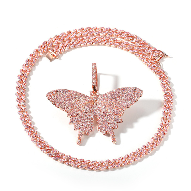 

Hip Hop Rose Gold Butterfly Pendant Necklaces Pink Cuban Link Chain Tennis Chain For Men Women Iced Out Cubic Zircon Fashion Jewelry