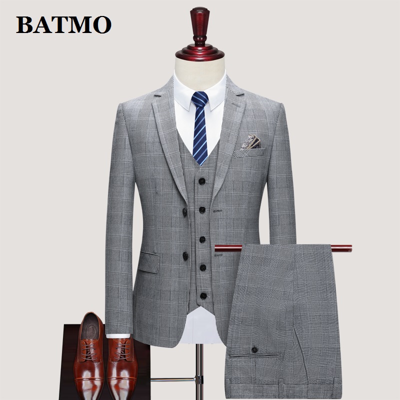 

BATMO 2020 new arrival spring plaid casual suits men,men' wedding dress,jackets+pants+vest,SJT801, Gray