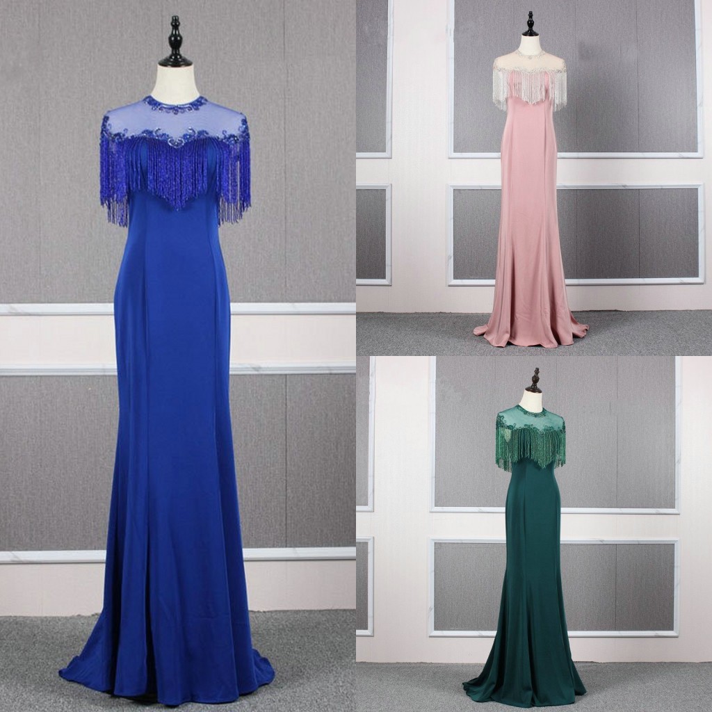 

Luxurious Beading Crystal Formal Dresses Evening 2020 Juliet Sleeves Jewel Pink Green Blue Celebrity Evening Gowns Prom Party Dress Vestidos, Royal blue