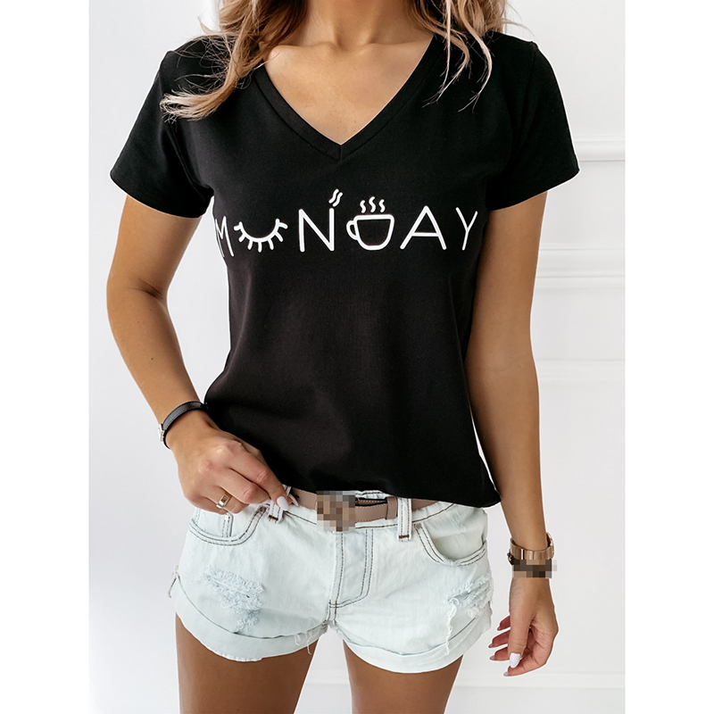

Summer Casual Tshirt Women Creative Letter Print Short Sleeve V-neck Tee Tops Korean Clothing Lady Slim T Shirt Harajuku SJ5971X, Black