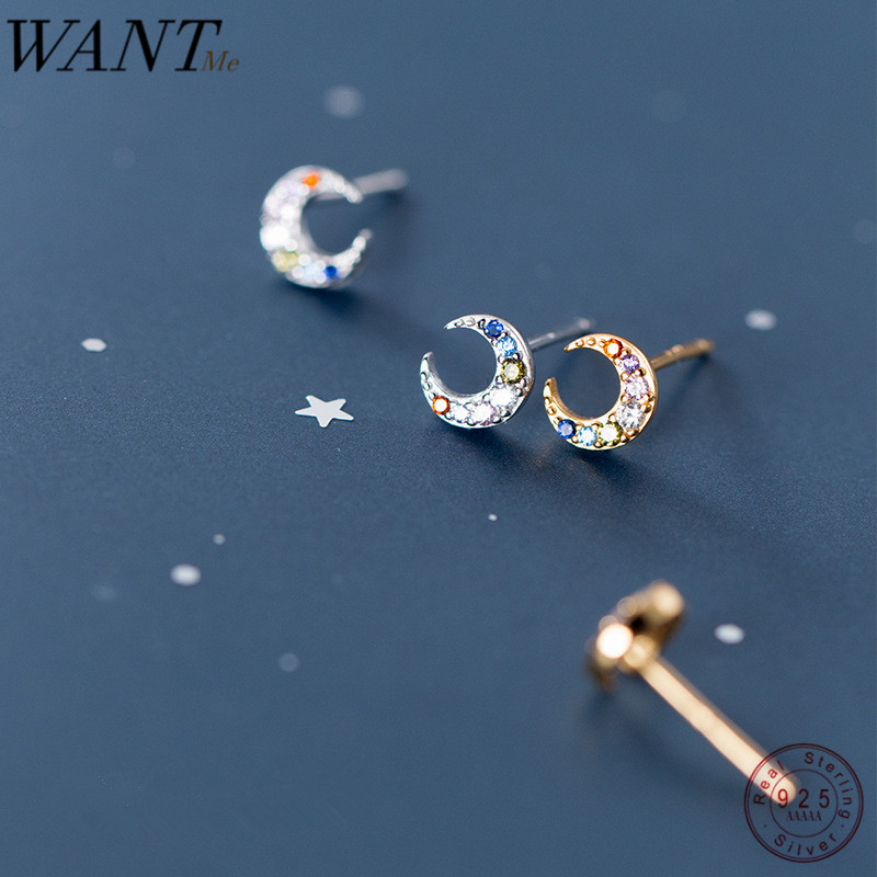 

WANTME High Quality Multicolored Mini Cute Moon Studs Earrings for Women Genuine 100% Sterling Silver Accessories Jewelry