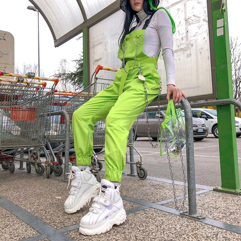 

February Brand Stylish Jumpsuit Pockets Overalls Chains Buckles Women Suspenders Trousers Loose Streetwear Capris Female Casual Pants, Green
