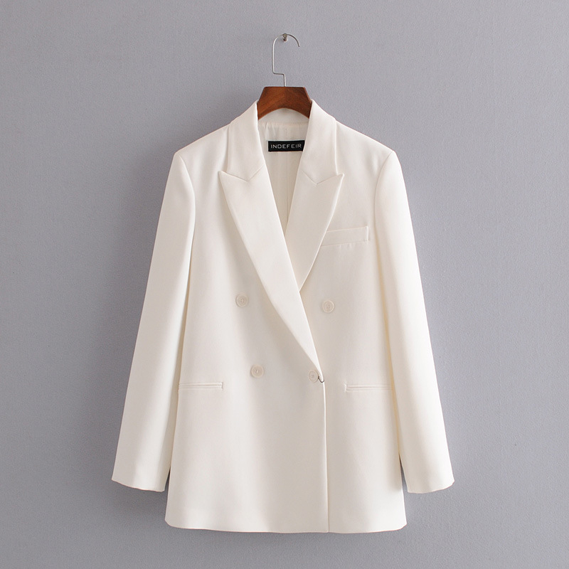 

Women Double Breasted White Blazer Coat Notched Neck Long Sleeve Casual Coat Outerwear Pocket Office Wear Jacket Female
