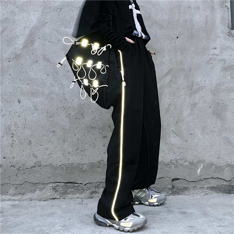 

Trendy Reflective Stripes Stitching Casual Pants Couple Baggy Pants Men Straight-through Trousers Summer Wild Wide-leg, Black