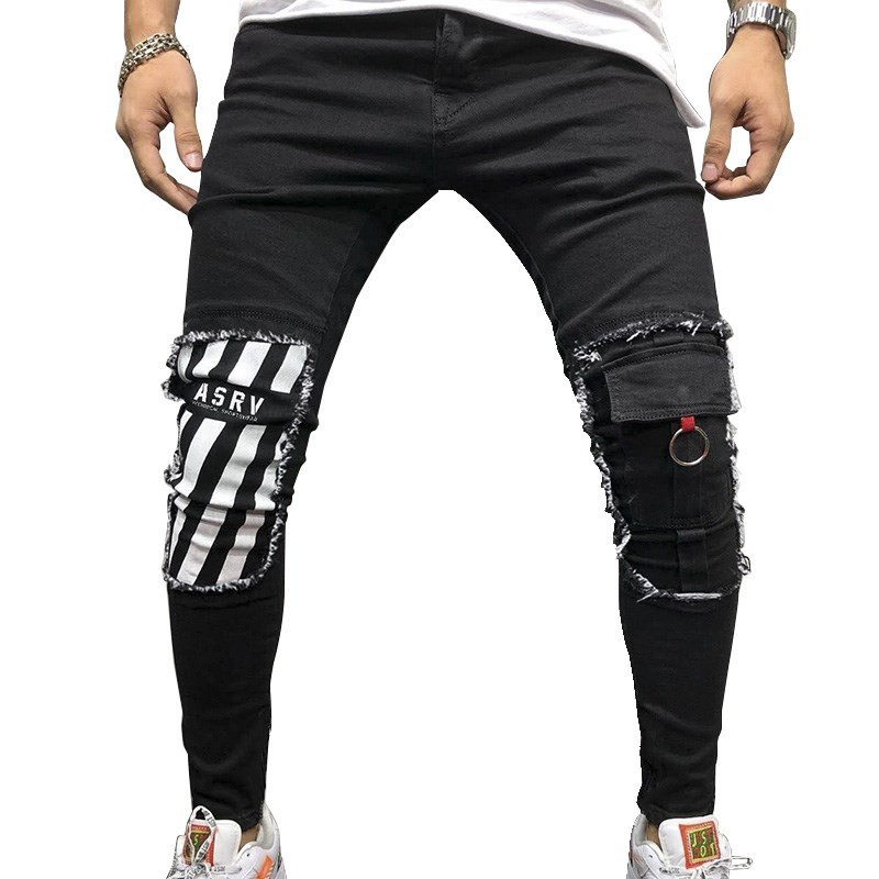 

Men Pencil Jeans Skinny Ripped Destroyed Stretch Slim Fit Hop Hop Denim Pants With Holes Men Printed Jean, Black