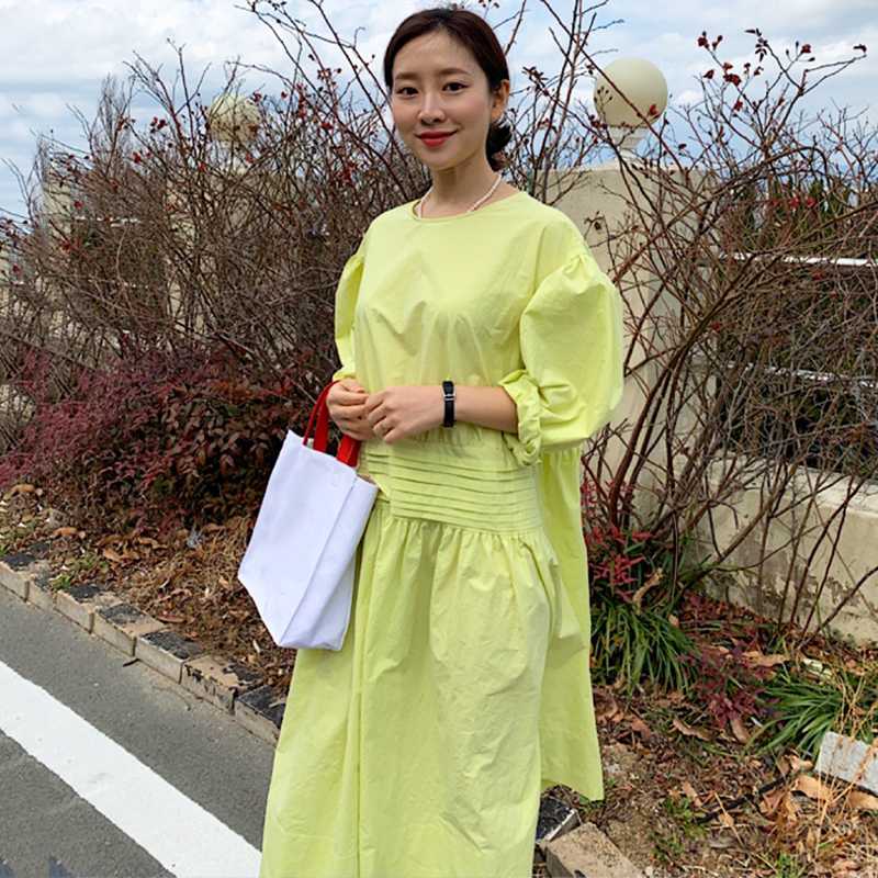 

Korean Chic O Neck Oversize Casual Women Dress Vintage Back Single Breasted Female Dresses Sweet Fashion A-Line Vestidos, Green