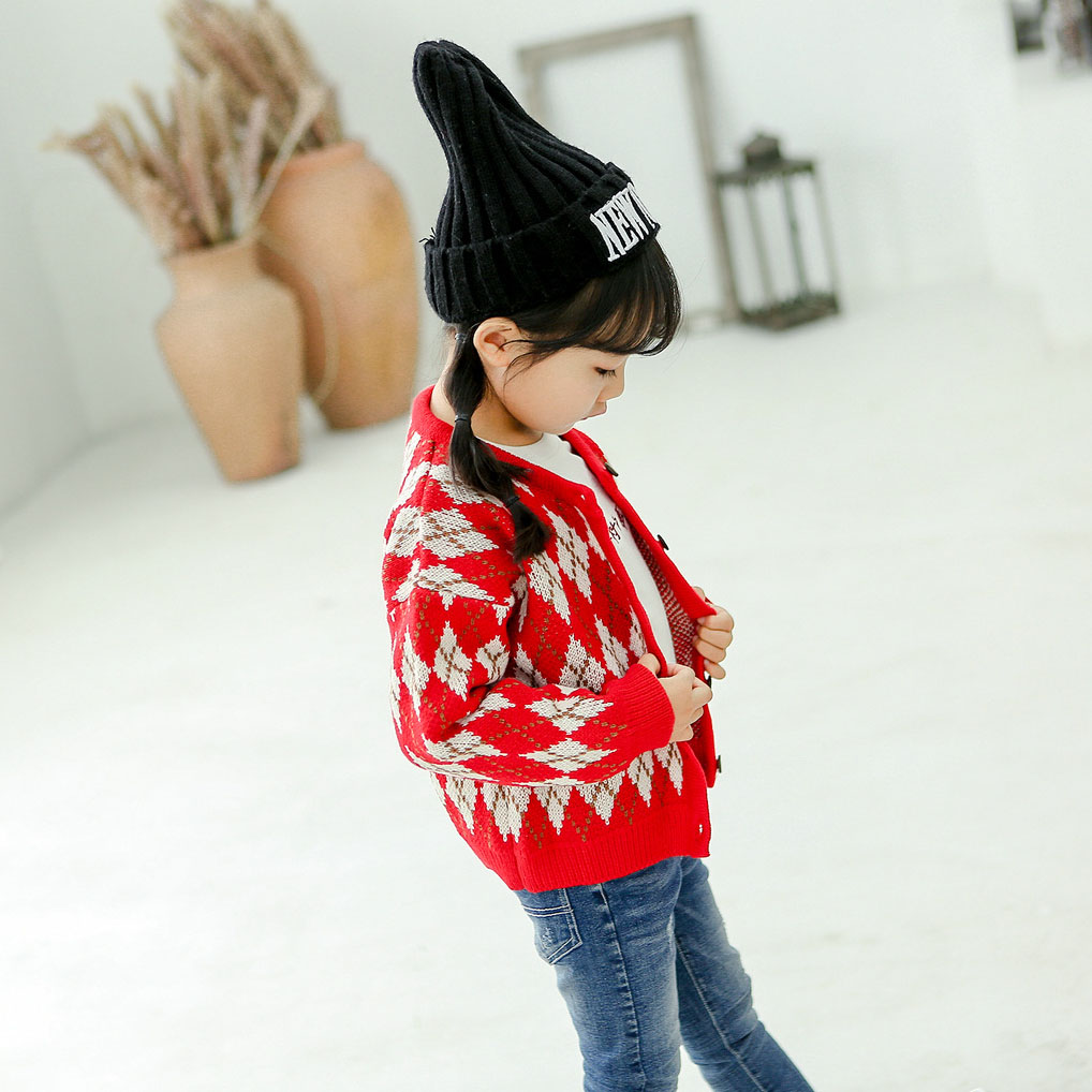 

Kids Brand Sweater Girls Designer Knit Cardigan Geometric Print Tops Sweet British Style New Fashion Style 2019 Fall Good Quality, Red