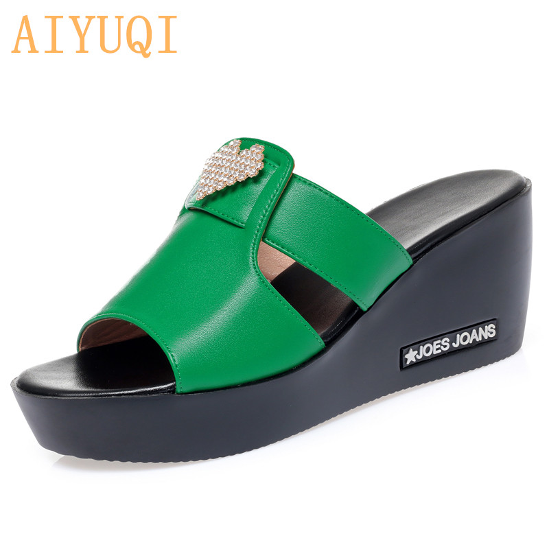 

AIYUQI Women's Slippers Platform 2020 New Genuine Leather Women Summer Slippers Large Size Women, Black