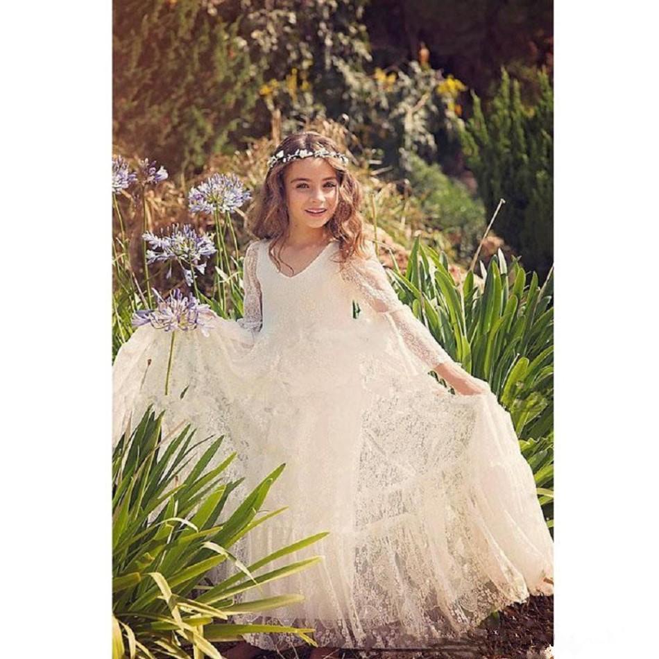 

Lovely Lace Applique First Communion Dresses Flower Girl Dress For Wedding Long Sleeves Pageant Prom Ball Gowns 1-12 Year Old Kid Dress, White