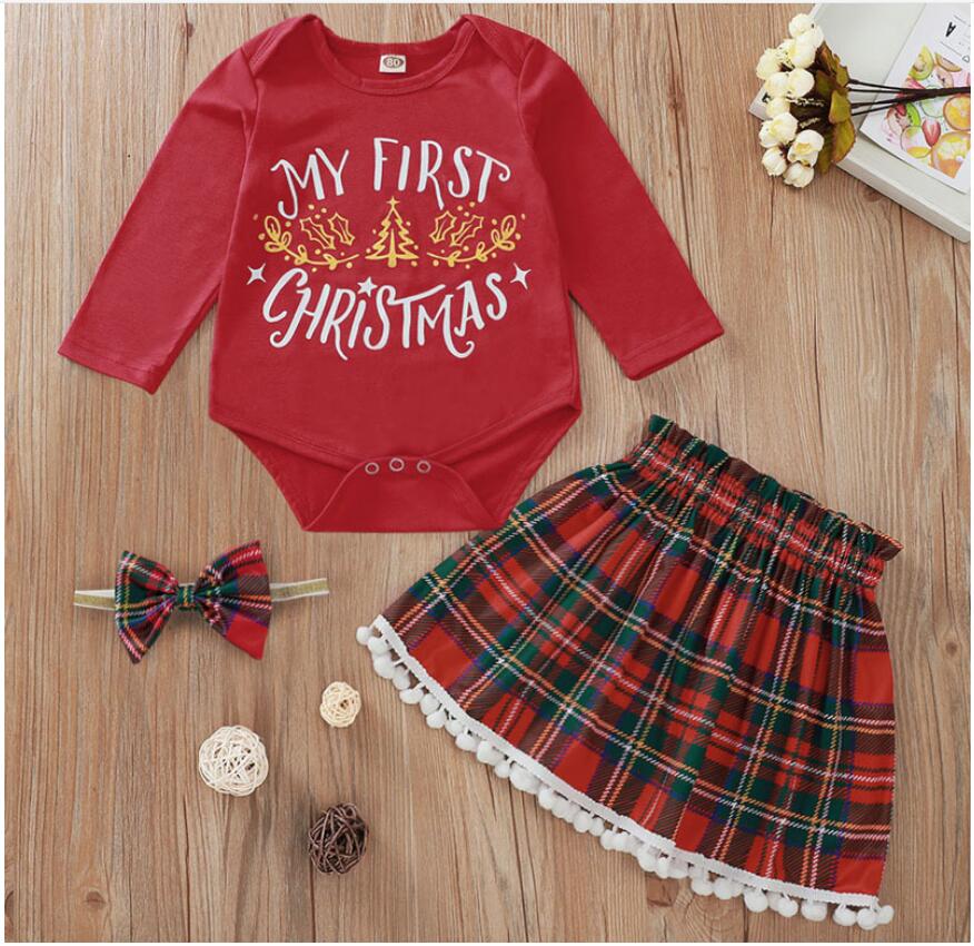 

Baby Long Sleeve Christmas Romper Lattice Skirt and Headscarf Set Girl Red Letter Print Jumpsuit Kids Clothes Three Pieces ZHT 316, As picture