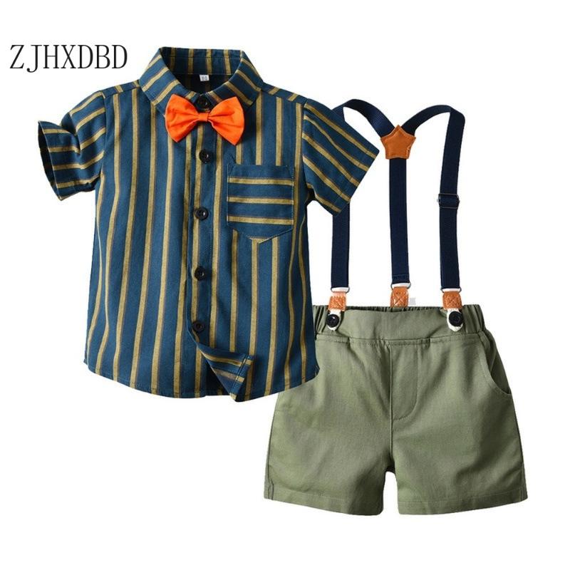 

Baby Boys Child Kids Sets 2 Pieces 2020 Children's Retro Striped Bow Tie Shirt Boy Strap Short Two-piece Set Children's Clothing, Green