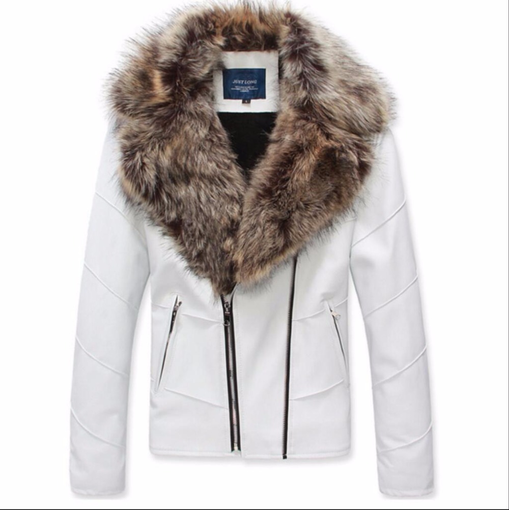 

New Fashion Men Brand Fur Coat Biker Jacket Motorcycle Slim Male Double Zipper Leather Jacket with Fur Collar Thicken, White