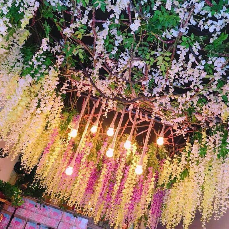 

110cm 12pcs/lot Artificial Wisteria flowers Vines Wedding Decor Rattan Flower Garland Silk Cherry Fake Leaf Home Garden