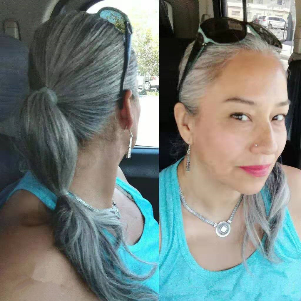 

Gray Human Hairpiece PONYTAIL with micro clamp, combs and elastic drawstring straight voluminous very long silvery gray grey for women