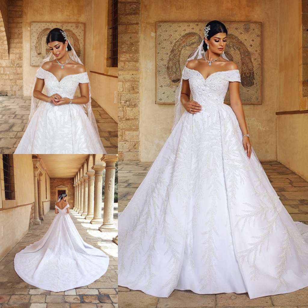 luxurious Modern Satin Wedding Dresses 2019 Off Shoulder Sweep Train Appliques Bridal Gowns Customized Plus Size Big Ball Gown Wedding Dress