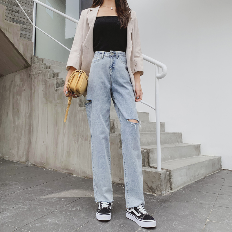 

2020 Autumn Winter Vintage Loose Straight Full Length Button Pockrts Hole Slim Zipper High Waist Ladies Trousers, Blue